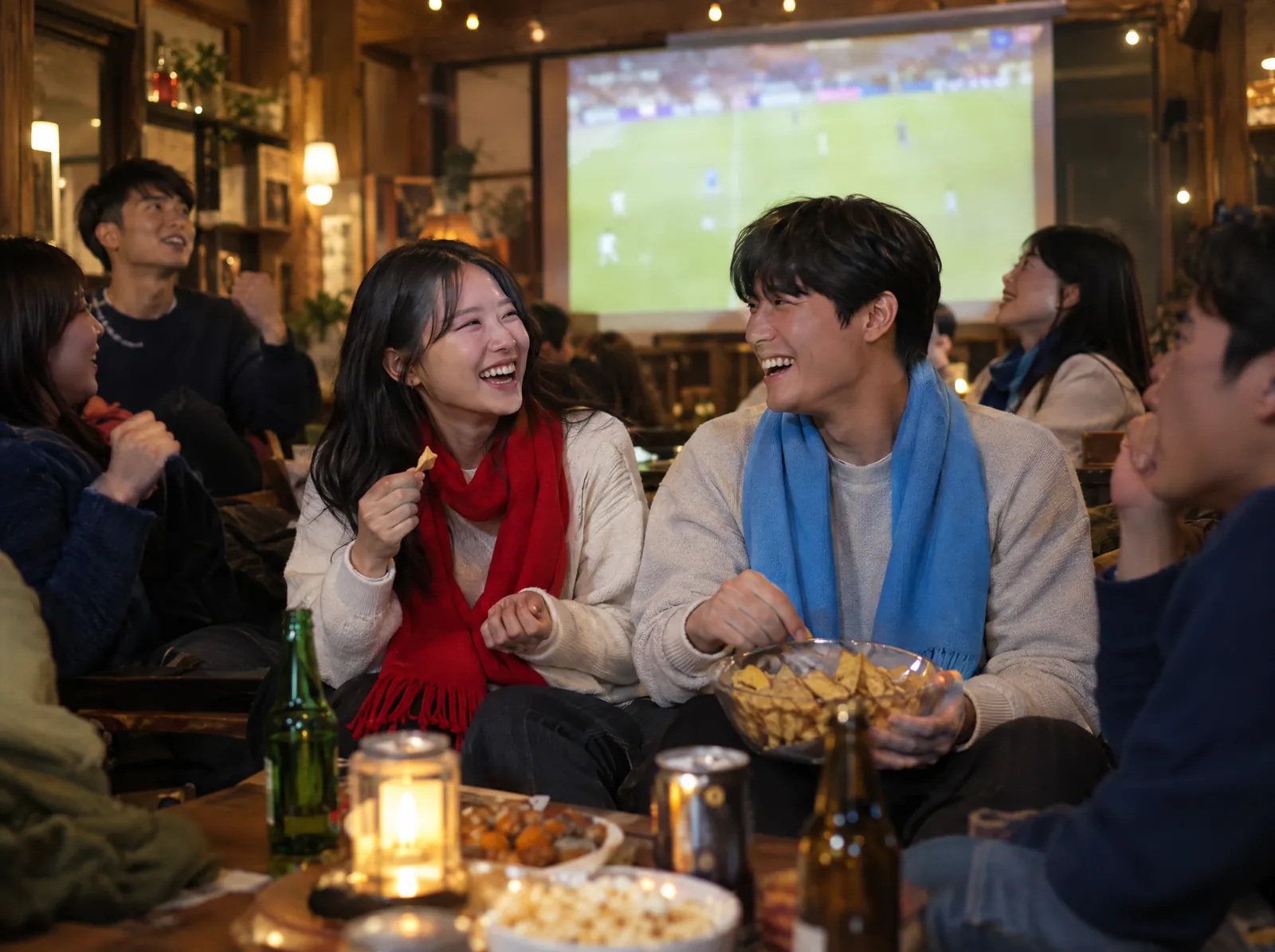 빨간 목도리와 하늘색 목도리를 두른 두 팀 팬이 같이 웃으며 보는 모습