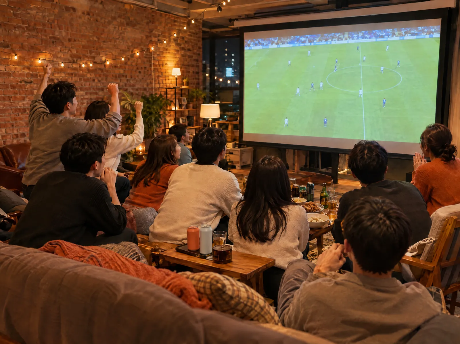 동네 공간에서 여럿이 큰 화면으로 축구를 같이 보는 모습